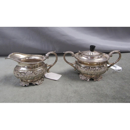 1453 - SILVER PLATED CREAM JUG, TWO HANDLED POT AND COVER