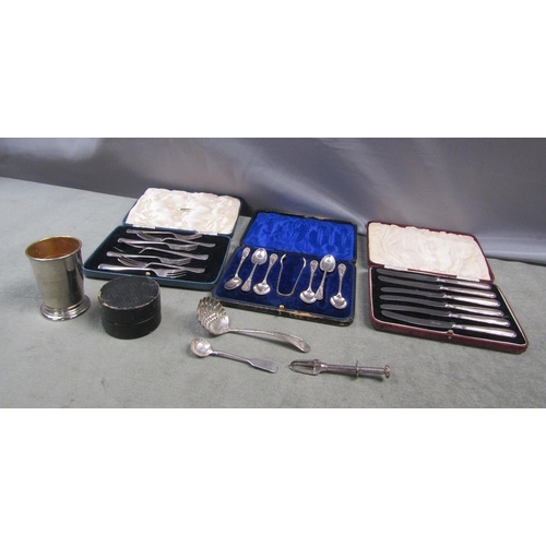 1458 - THREE BOXES OF PLATED TEA SPOONS, SUGAR SIFTER, HUNTING CUP ETC