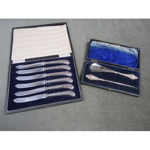 1465 - BOX OF SIX SILVER HANDLED FRUIT KNIVES, BOXED SILVER HANDLED SHOE HORN AND BUTTON HOOK SET