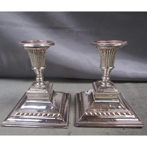 1467 - PAIR OF SHEFFIELD PLATE SHORT CANDLESTICKS