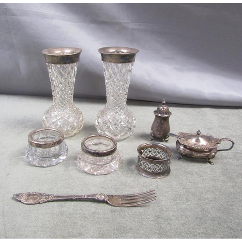 1468 - COLLECTION OF MIXED SILVER AND OTHER CONDIMENTS AND GLASS VASES