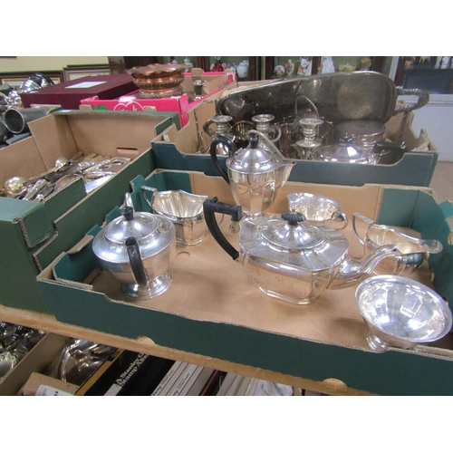 1476 - COLLECTION OF SILVER PLATE TEAWARES INC. TWO TEAPOTS, ONE COFFEE JUG, SUCRIER SUGAR BOWL AND TWO CRE... 