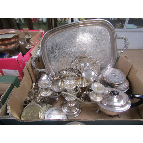 1477 - BOX OF MISC ITEMS OF SILVER PLATE INC. TWO HANDLED TEA TRAY, PRESERVE POT AND STAND TOGETHER WITH OT... 