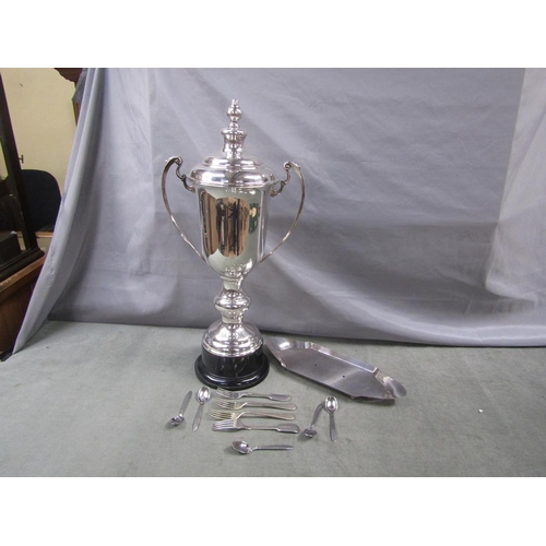 1484 - LARGE SILVER PLATED TWO HANDLED TROPHY CUP TOGETHER WITH A SMALL QTY OF CUTLERY AND A DISH