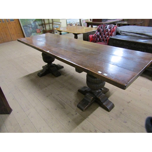 1673 - 18C STYLE OAK PLANK TOP REFECTORY TABLE, 233CM W, 77CM H