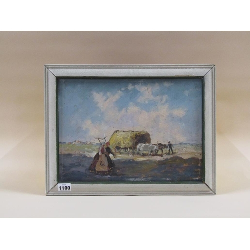 1100 - UNSIGNED - CONTINENTAL HARVESTING SCENE, OIL ON BOARD, FRAMED, 25CM X 34CM