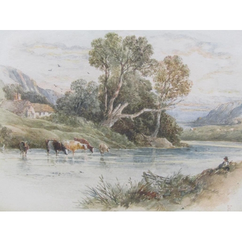 1101 - IN THE MANNER OF BIRKETT FOSTER - CATTLE DRINKING AT A RIVER WITH FIGURE ON OPPOSITE BANK, SIGNED IN... 