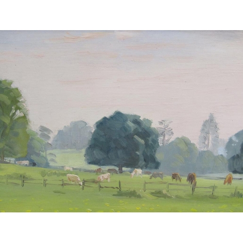 1103 - LAWRENCE T PEACE - CATTLE GRAZING IN A PARKLAND SETTING, SIGNED OIL ON BOARD, FRAMED, 15CM X 29CM