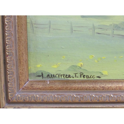 1103 - LAWRENCE T PEACE - CATTLE GRAZING IN A PARKLAND SETTING, SIGNED OIL ON BOARD, FRAMED, 15CM X 29CM