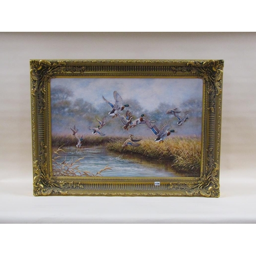 1106 - R M BROOKS - DUCKS RISING, SIGNED, OIL ON CANVAS, FRAMED, 60CM X 90CM