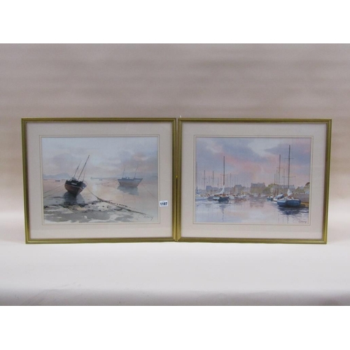 1107 - C CHOUSY - PAIR, COASTAL HARBOUR SETTING & BEACHED FISHING BOATS, SIGNED WATERCOLOURS, F/G, 33CM X 4... 