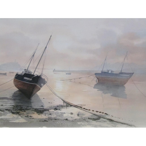 1107 - C CHOUSY - PAIR, COASTAL HARBOUR SETTING & BEACHED FISHING BOATS, SIGNED WATERCOLOURS, F/G, 33CM X 4... 