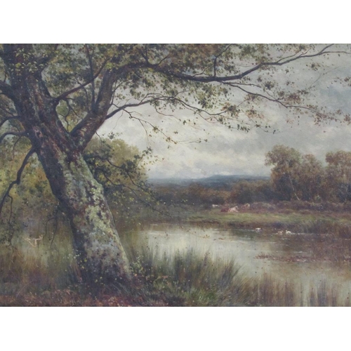 1115 - JAMES E GENCE?? 1892 - A PEACEFUL RIVER SETTING WITH CATTLE RESTING AND DUCKS ON RIVER, SIGNED, OIL ... 