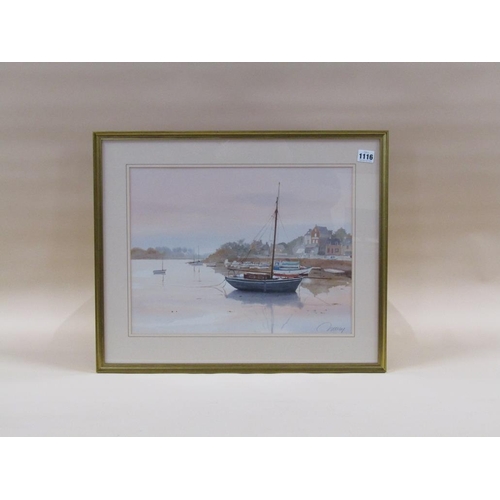 1116 - C NOURY? - BOATS AT ANCHOR IN AN ESTUARY SETTING, SIGNED WATERCOLOUR, F/G, 32CM X 42CM