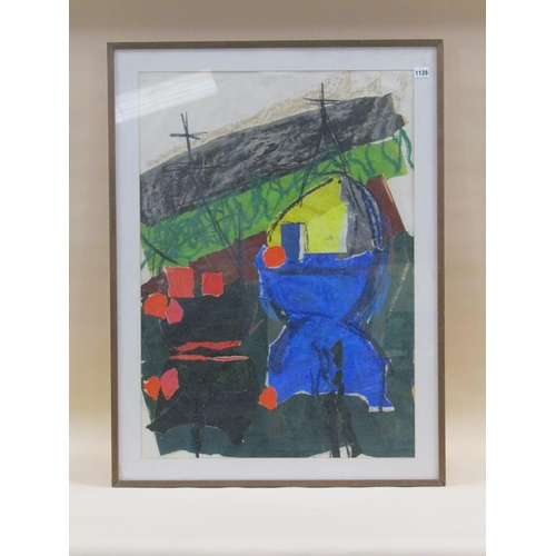 1128 - SALLY BASSETT 1996 - ABSTRACT WATERCOLOUR AND PAPER COLLAGE, F/G, 84CM X 60CM