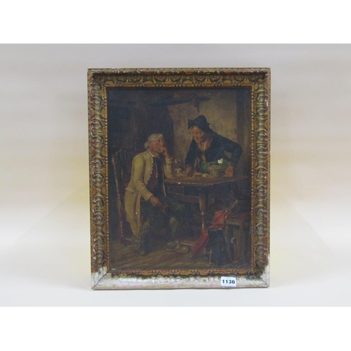 1136 - 19C OELOGRAPH - DISCUSSIONS AT A TABLE, FRAMED, 37CM X 24CM