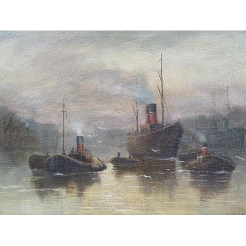 1139 - IN THE MANNER OF W L WYLLIE - EARLY 20C SHIPPING ON THE RIVER THAMES, SIGNED, OIL ON CANVAS, FRAMED,... 