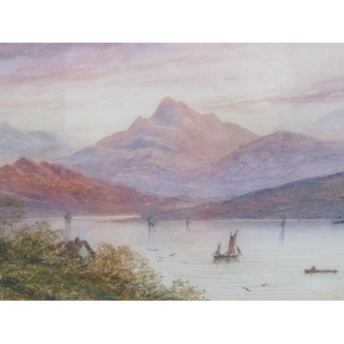 1142 - L LEWIS - LAKE WITH BOATS IN A MOUNTAINOUS SETTING, SIGNED WATERCOLOUR, F/G, 14CM X 34CM