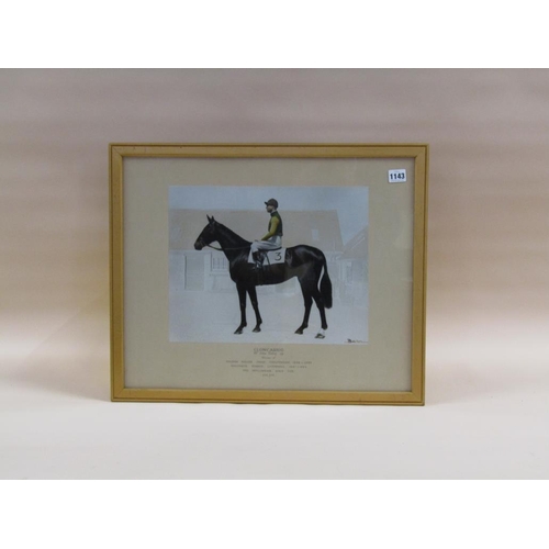 1143 - BARON CLONCARRIC - A HORSE AND JOCKEY, COLOURED PRINT, F/G, 29CM X 36CM