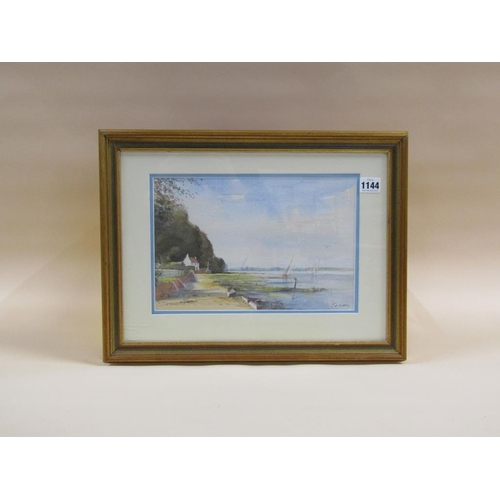 1144 - J R CLARK - COASTAL SETTING IN A QUIET BAY, SIGNED WATERCOLOUR, F/G, 20CM X 30CM