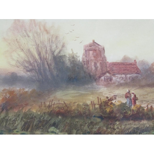 1164 - ARTHUR TURNER - TWO VICTORIAN COUNTRY SCENES WITH CHURCH, FIGURES AND COTTAGES, WATERCOLOURS, EACH F... 