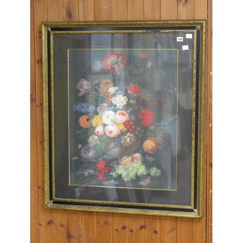 1165 - UNSIGNED - BOUQUET OF SUMMER FLOWERS AND ROSES WITH BUTTERFLIES, COLOURED PRINT, F/G, 75CM X 58CM