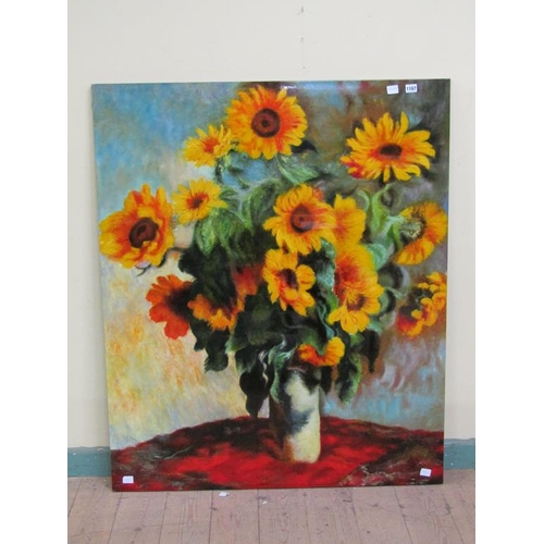 1167 - LARGE COLOURED PRINTED PANEL - VASE OF SUNFLOWERS, 120CM X 100CM