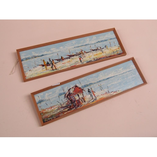 1178 - PAIR, SIGNED INDISTINCTLY - ORIENTAL COASTAL SCENES, OIL ON PANEL, EACH 13CM X 44CM