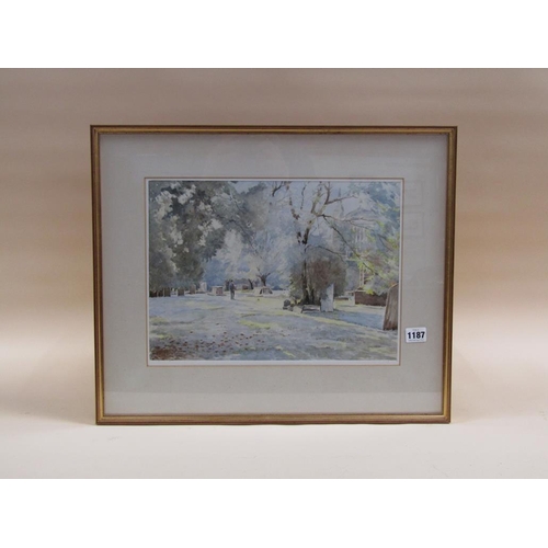 1187 - A R KENNEDY - FIGURE IN A CHURCH YARD, SIGNED WATERCOLOUR, F/G, 28CM X 38CM