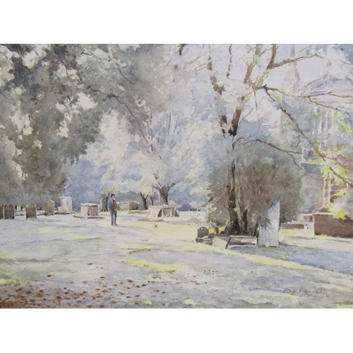 1187 - A R KENNEDY - FIGURE IN A CHURCH YARD, SIGNED WATERCOLOUR, F/G, 28CM X 38CM