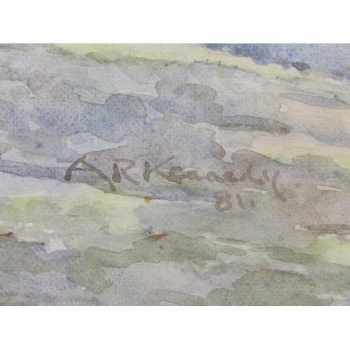 1187 - A R KENNEDY - FIGURE IN A CHURCH YARD, SIGNED WATERCOLOUR, F/G, 28CM X 38CM