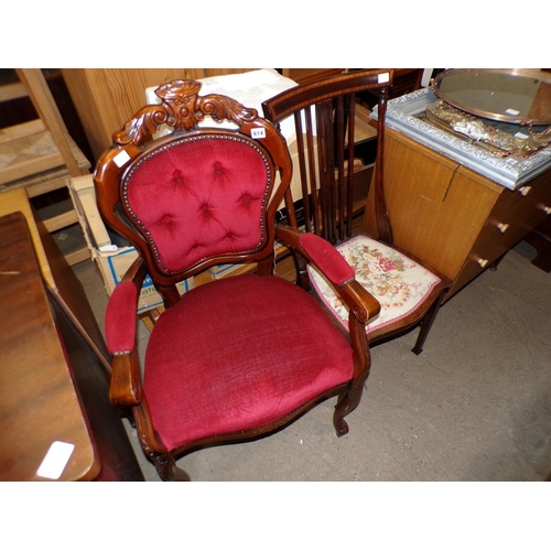 614 - REPRODUCTION BUTTON BACK ARMCHAIR AND AN EDWARDIAN CHAIR