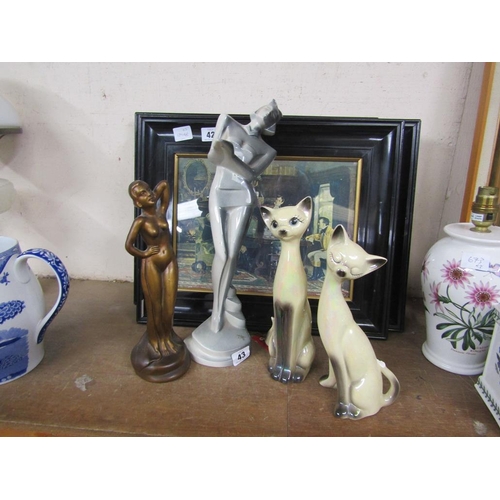 43 - PAIR OF CERAMIC CATS AND ART DECO STYLE FIGURES