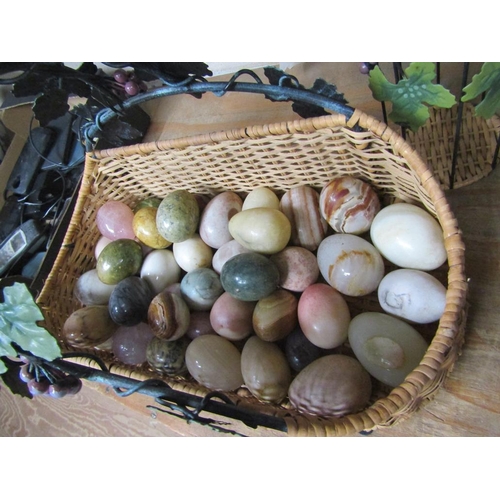 68 - WICKER BASKET TO INCL MARBLE EGGS AND WINE BOTTLE HOLDER