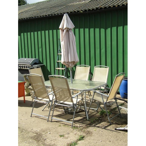 972 - GARDEN TABLE, CHAIRS AND PARASOL