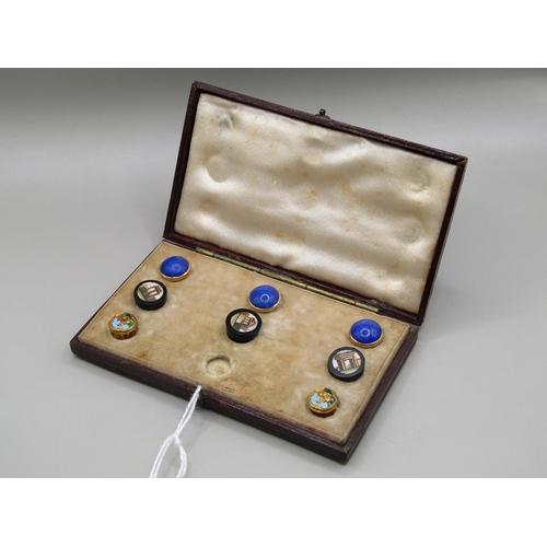 1397 - BOX OF FIVE GOLD AND STONE SET AND THREE MICROMOSAIC SHIRT BUTTONS