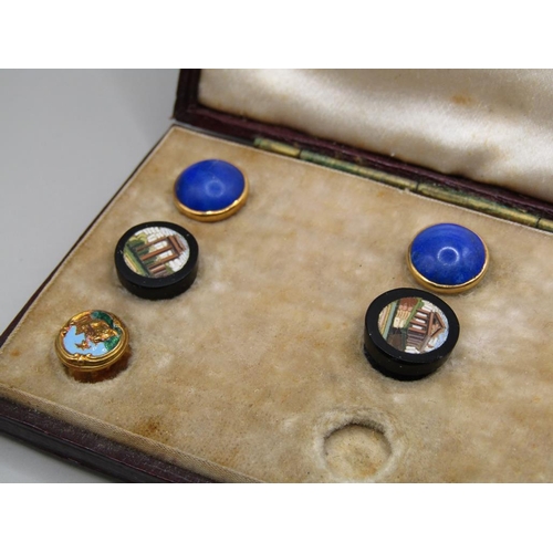 1397 - BOX OF FIVE GOLD AND STONE SET AND THREE MICROMOSAIC SHIRT BUTTONS