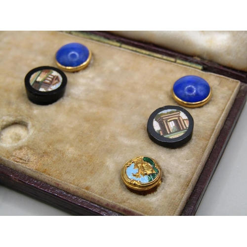 1397 - BOX OF FIVE GOLD AND STONE SET AND THREE MICROMOSAIC SHIRT BUTTONS