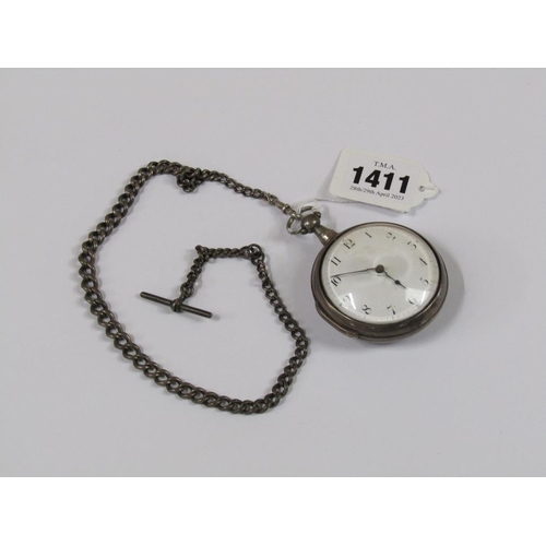 1411 - SILVER VERGE CASE POCKET WATCH AND CHAIN