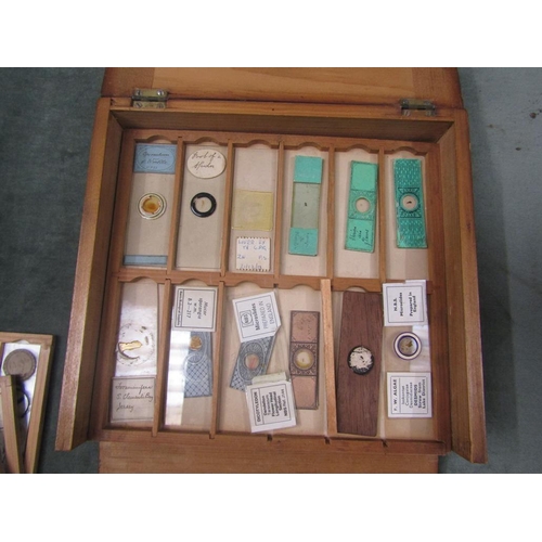 1237 - LATE 19C/EARLY 20C BRASS MICROSCOPE IN BOX; BOX OF SLIDES