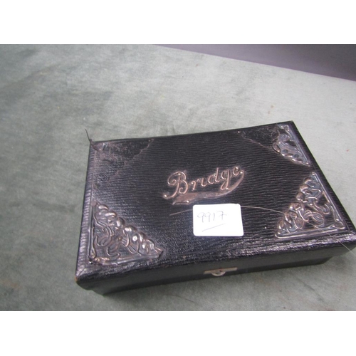 1259 - BRIDGE PLAYING CARDS; SILVER MOUNTED BRIDGE BOX