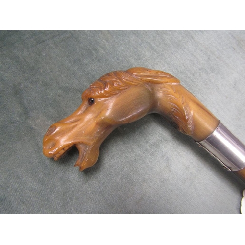 1309 - LATE 19C UMBRELLA WTIH CARVED HORN HORSE HEAD HANDLE,