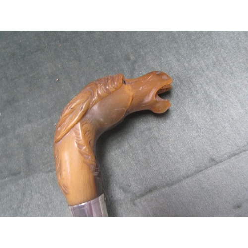 1309 - LATE 19C UMBRELLA WTIH CARVED HORN HORSE HEAD HANDLE,