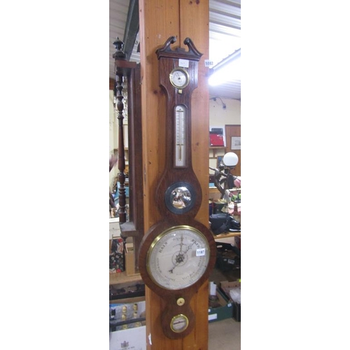 1197 - LATE 19C/EARLY 20C WHEEL BAROMETER WITH TEMPERATURE GAUGE, JJ LOCKWOOD OF PRESTON, 98CM H OVERALL