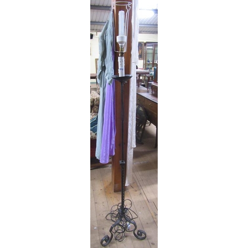 1213 - BLACK PAINTED WROUGHT IRON PRICKET TYPE STANDING LAMP, 150CM H