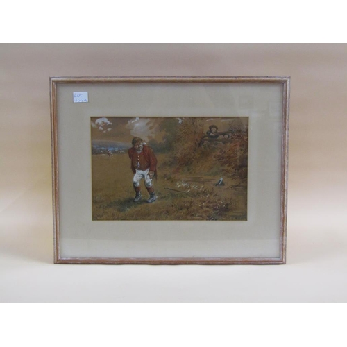 1144A - LAWSON WOOD WATERCOLOUR OF A HUNTSMAN AND LAUGHING CHILDREN.  F/G 34 x 22.5cms