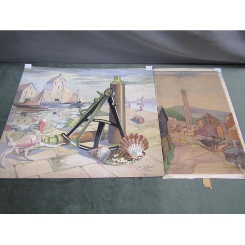 1147A - J R TROUT - TWO UNFRAMED WATERCOLOURS ONE OF AN INDUSTRIAL SCENE AND ONE HARBOUR SCENE