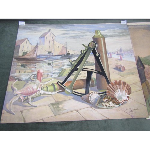 1147A - J R TROUT - TWO UNFRAMED WATERCOLOURS ONE OF AN INDUSTRIAL SCENE AND ONE HARBOUR SCENE