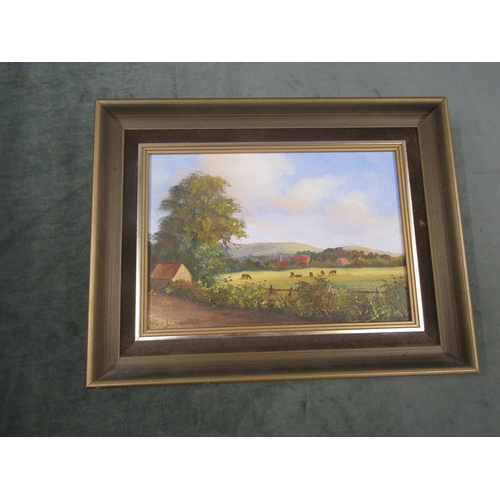 1102 - PETER J GREENHILL - CATTLE GRAZING IN A LANDSCAPE, SIGNED, OIL ON BOARD, FRAMED, 17CM X 25CM