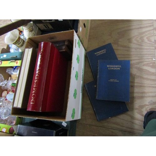 159 - THREE BOXES OF MIXED BOOKS AND MAGZAINES TO INCL DOMESDAY BOOK